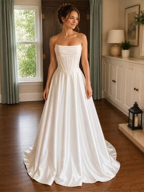 Celeste | Satin Basque Waist Wedding Gown | NWOT | Corset Back | A-Line Bridal D